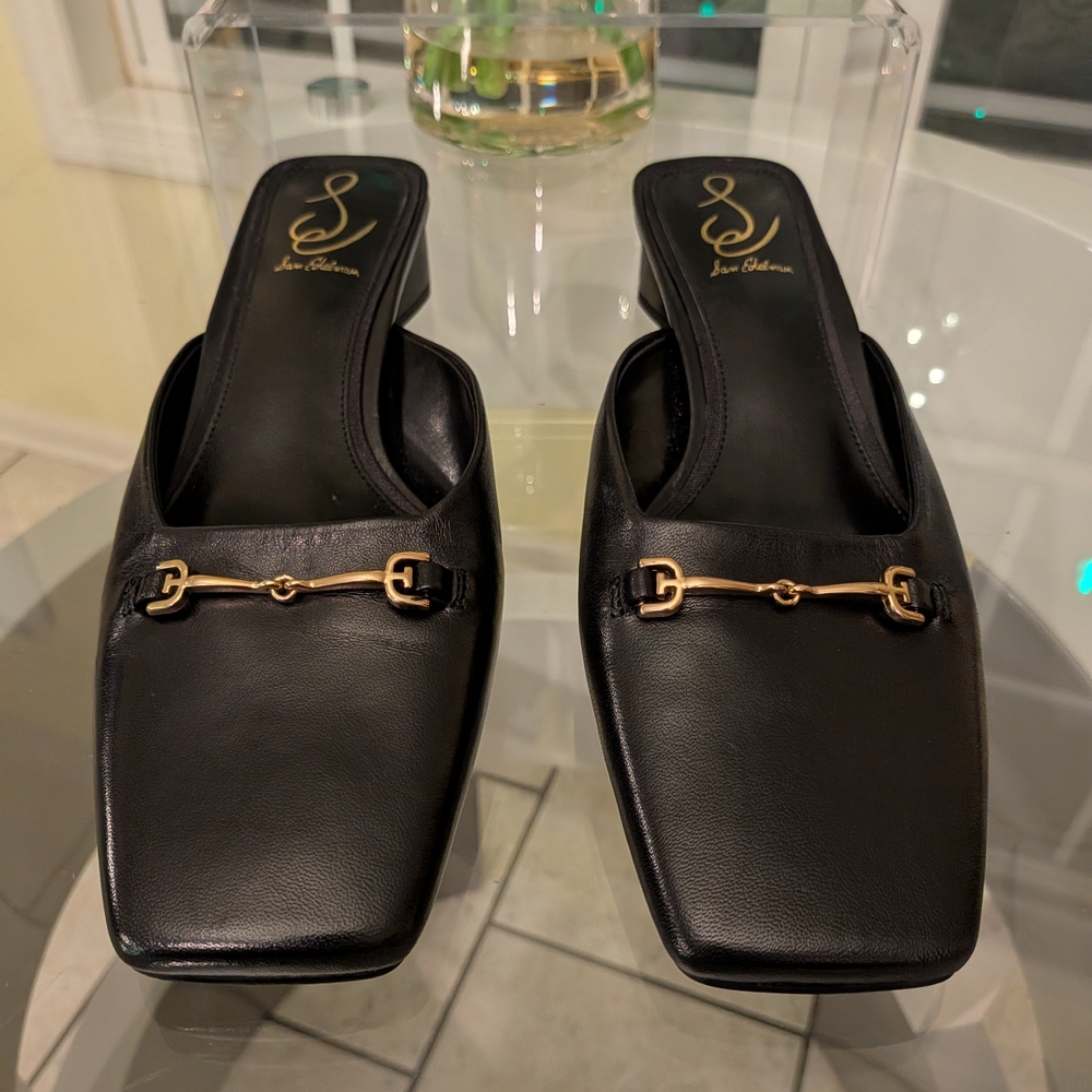 Sam Edelman Ollie Women's Black Mules with Gold Buckle Detail Sz 9.5